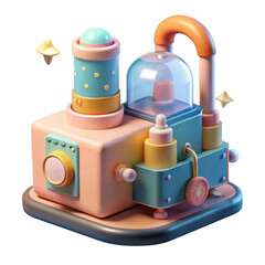 Whimsical 3d cartoon factory machine with playful colors isolated on transparent background
