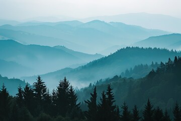 Obraz premium Misty Mountain Layers: A serene landscape of blue mountains and green forests