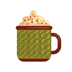 This vector illustration showcases a cozy mug with a textured green knitted design filled with frothy cream. It s perfect for conveying warmth and comfort, ideal for seasonal beverage themes.