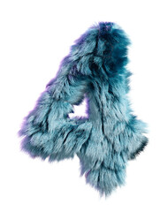 Furry Blue Letter 4 Isolated on White Background in Creative 3D Design Style