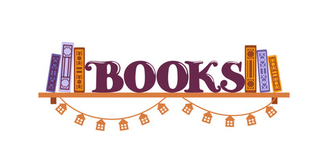This bright vector illustration features a whimsical shelf decorated with colorful books and decorative garlands, creating a cozy atmosphere for reading. Perfect for book lovers and educational themes