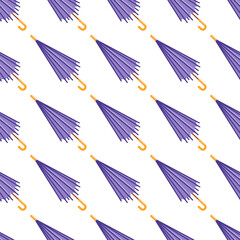 This vector illustration features a seamless pattern of elegant purple umbrellas. The design features a symmetrical layout, perfect for rain-themed projects, adding charm and color to any background.