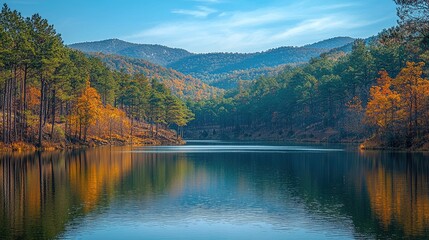 Fototapeta premium Serene lake reflecting autumn foliage on a mountainside.