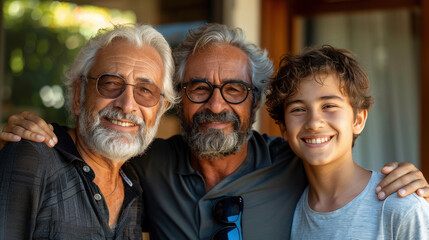Portrait of three generations: grandfather, father, and son standing together, smiling warmly. A happy family moment showing the bond between old man, middle-aged dad, and teenage grandson..