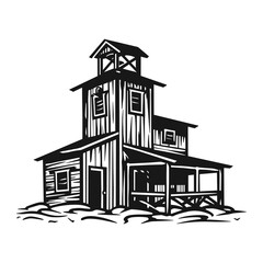 Vintage Haunted House Illustration in Black and White Engraving Style