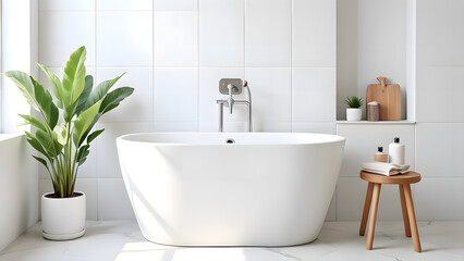 Fototapeta premium Modern bathroom with white freestanding tub and indoor plant 