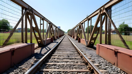 Railway bridge with tracks extending into the distance under blue sky  