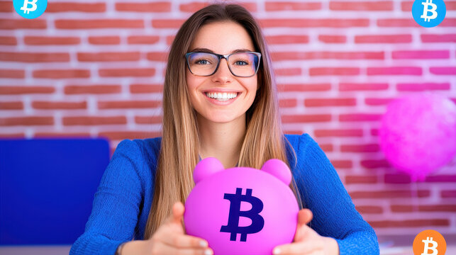 Smiling woman holds piggy bank with Bitcoin symbol, representing financial investment and cryptocurrency savings - Powered by Adobe
