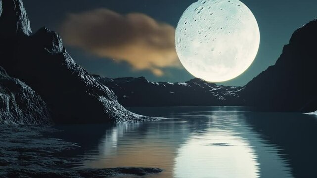 Lunar reflection on water among mountains