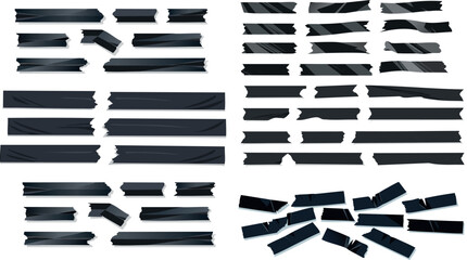 Torn fragments of black adhesive tape, white background, 