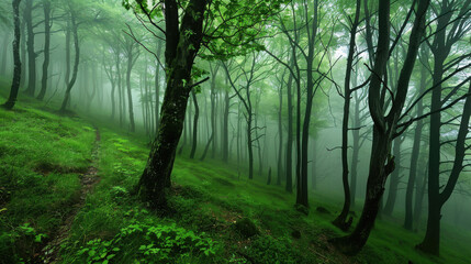 Obraz premium A lush green foggy forest landscape with mist weaving through tall trees, soft light filtering from above, and a serene, mystical atmosphere. Rich foliage and damp forest floor enhance the dreamy mood