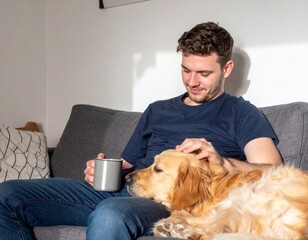 Young man sitting on sofa with coffee mug and petting golden retriever dog – relaxed weekend morning at home, cozy pet lifestyle, emotional bonding, mindful living, comfort, warmth, and companionship