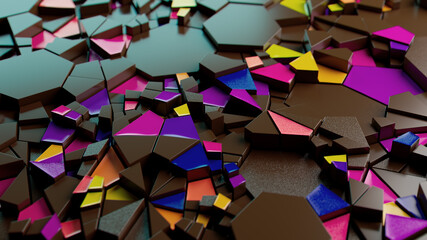 Vibrant Geometry: A Dance of Colorful Hexagons on Dark Canvas