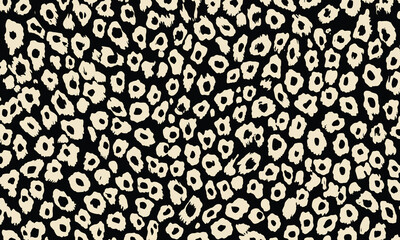 Leopard print pattern, seamless repeating pattern, simple vector illustration, flat color blocks, black background, cream and white tones.
