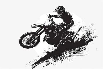 Motocross rider in action. Grunge 2d illustration. Motocross rider on the race. Black and white illustration. Motorsport Concept with Copy Space.	