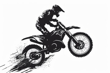 Motocross rider in action. Grunge 2d illustration. Motocross rider on the race. Black and white illustration. Motorsport Concept with Copy Space.	