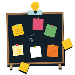 Flat illustration of a chalkboard with pinned notes and a light bulb symbolizing ideas or brainstorming.