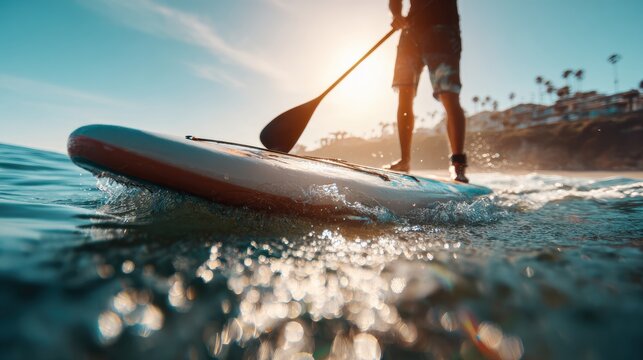 Paddle surfer riding waves at sunset in the ocean