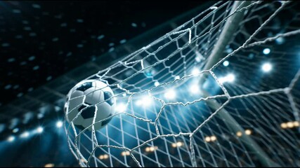 A powerful soccer ball hits the goal net during an intense match in a vibrant stadium filled with cheering fans. The excitement rises as the ball finds its mark - Powered by Adobe