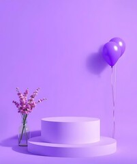 purple round podium with balloon isolated on purple background