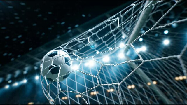 A powerful soccer ball hits the goal net during an intense match in a vibrant stadium filled with cheering fans. The excitement rises as the ball finds its mark