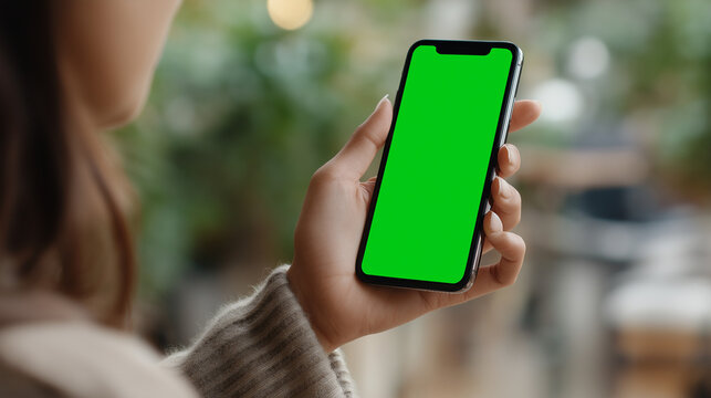 Side View of Woman Holding Smartphone with Green Screen in Indoor Space