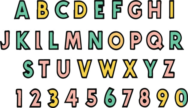 Colorful alphabet and numbers with a playful hand drawn style on a white background