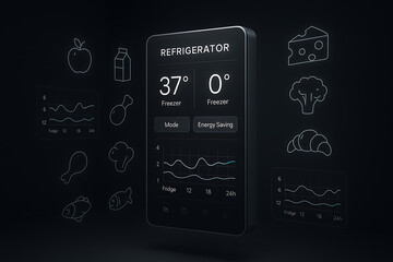 Futuristic smart refrigerator touchscreen interface displaying temperature energy saving mode and food icons in dark kitchen environment with minimal digital charts and modern design