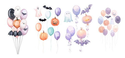 Halloween-themed balloons featuring ghosts, bats, and pumpkins  