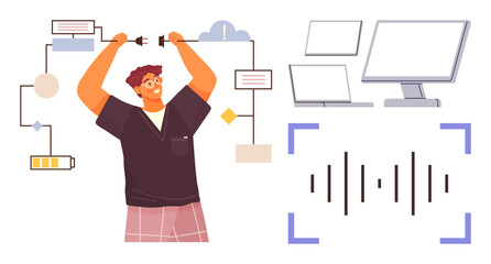 Young man holding connecting cables with cloud, flowchart, devices, sound waves. Ideal for technology, innovation, sound engineering, system integration, data analysis creativity communication