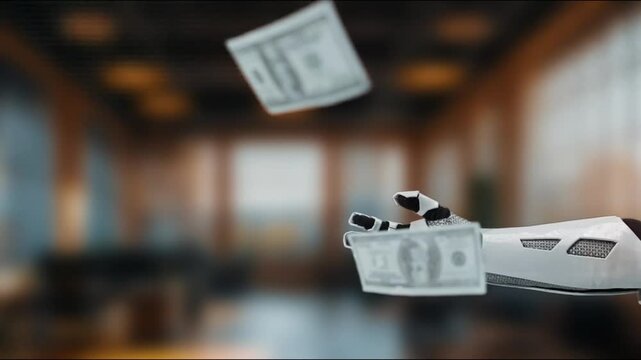 A futuristic robotic arm releases cash bills in a contemporary interior, illustrating the innovative relationship between technology and finance in the modern world. MZL