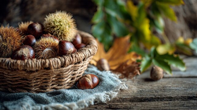 A basket full of nuts, including some chestnuts, is on a table. The basket is on a blue cloth, and the nuts are scattered around it. The scene has a rustic and cozy feel, with the basket - Powered by Adobe