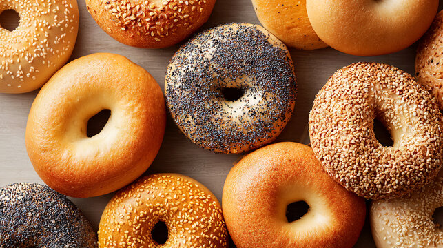 Variety of freshly baked bagels plain with sesame and poppy seeds top view. Bread making comfort food concept