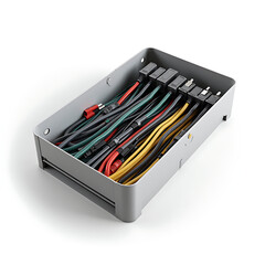 Cable organizer box with multiple entry points and neatly coiled cords  