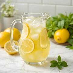 Fototapeta premium Refreshing Lemonade Pitcher with Lemon Slices Ice and Mint Leaves
