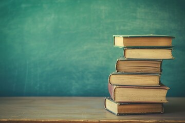 Stack of worn antique books against a textured green backdrop education concept