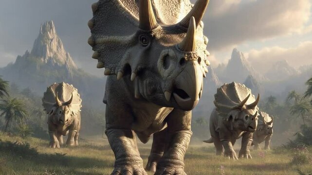 Majestic Triceratops Herd Roaming Through Prehistoric Landscape with Misty Mountains