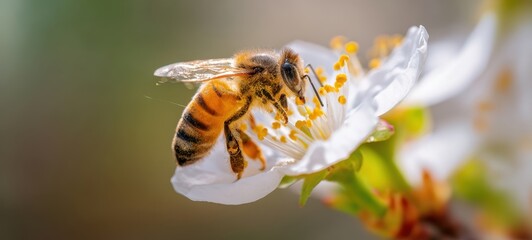 The bee collecting nectar from a beautiful white flower in nature.