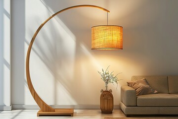 Stylish wooden arc floor lamp illuminating a cozy living room with ambient lighting