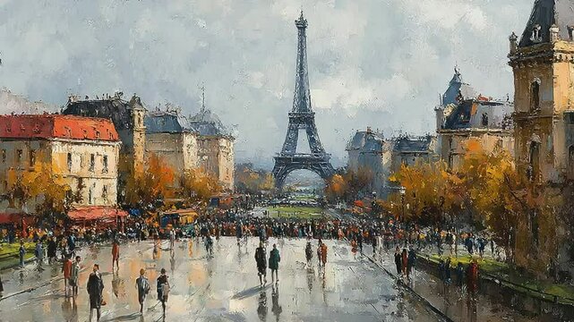 Eiffel Tower Impressionistic Paris Landscape Oil Painting Captures City Life and Architecture