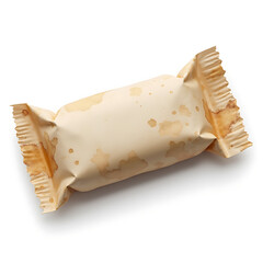 Faded candy wrapper with wrinkles and stains isolated on white background  