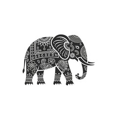 A detailed black and white illustration of an ornate elephant.