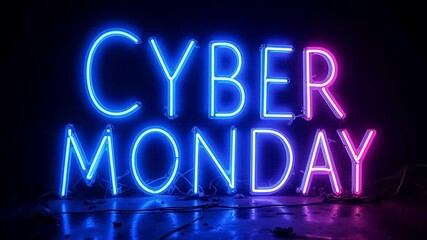 Illuminated cyber monday sign with blue and pink neon lights on a dark background scene - Powered by Adobe