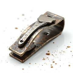 Close-up of greasy metal clip with fingerprints and oil smudges  