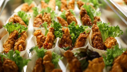 Crispy fried chicken served with lettuce in paper food cups, arranged in neat rows for catering, showcasing mouthwatering party snacks and modern food styling.