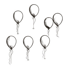 Hand Drawn Balloon Set in Black and White Sketch Style with Strings and Ribbons