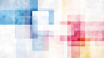 Minimalist geometric abstract art featuring overlapping squares in blue, red, and white tones, creating harmonious and modern composition