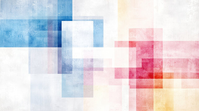 Minimalist geometric abstract art featuring overlapping squares in blue, red, and white tones, creating harmonious and modern composition