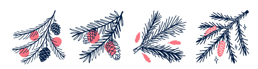 Fir branch with cones and berries in illustration style for decoration  