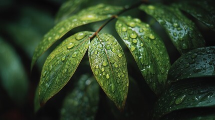 Wet tropical leaves enhance the beauty of a lush rainforest after a refreshing rain shower in the early morning light